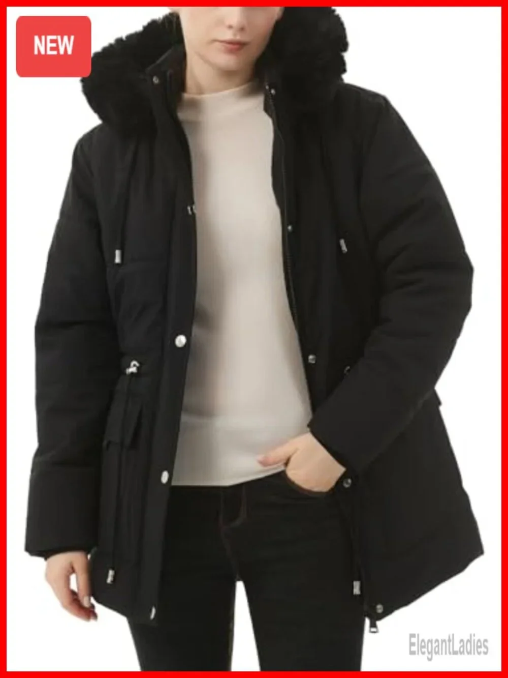 Women's Warm Winter Puffer Coat Fleece Lined Detachable Faux Fur Hood Snow Parka